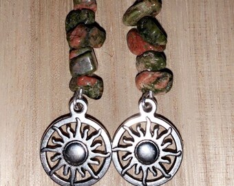 Sun Earrings, Unakite Jasper Earrings, Tribal Sun Earrings, Fish Hook Earrings, Gemstone Chip Earrings