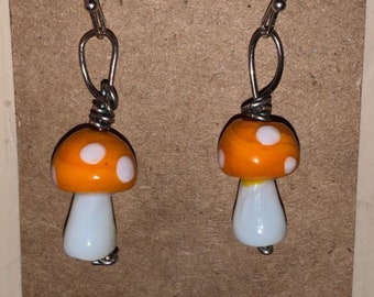 Orange Mushroom Earrings - Lampwork Glass Mushroom Earrings - Cute Mushrooms - French Hook Dangle Earrings - Fairy Earrings - Mycology