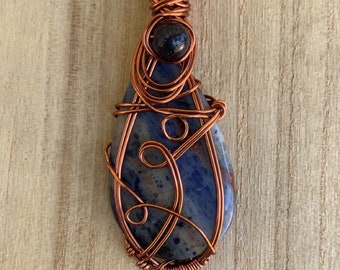 Sodalite and Goldstone Artisan Wire Wrapped Pendant