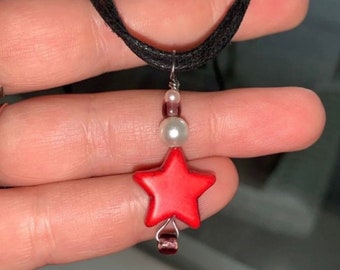 Red Magnesite Howlite Star & Faux Pearl Adjustable Choker Necklace