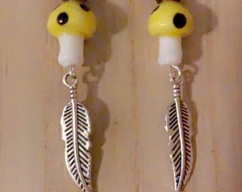 Lampwork Glass Mushroom Feather Earrings, Fish Hooks