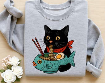 Kattälskare gåva för mamma rolig ramen katt skjorta nudelkatt t-shirt kawaii japansk mat katt tee för kattägare och anime-fans