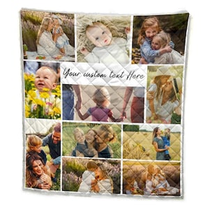 以下が含まれることがあります： 白いキルトの毛布に家族の写真のコラージュがプリントされています。写真には、子供、大人、カップルなど、さまざまな人々が写っています。この毛布は、大切な思い出を飾り、どんな部屋にも個性的なアクセントを加えるのに最適です。