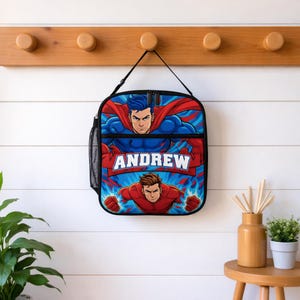 Personalized Superhero Lunch Bag with Name | Custom Insulated Lunch Tote Kids | Back to School Gift Boys Girls