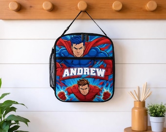 Personalized Superhero Lunch Bag with Name | Custom Insulated Lunch Tote Kids | Back to School Gift Boys Girls