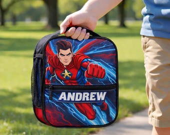 Bolsa de almuerzo personalizada de superhéroe con nombre / Bolsa de almuerzo térmica personalizada para niños / Regalo de regreso a clases para niños y niñas