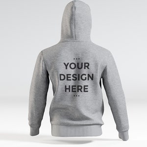 May include: A gray hooded sweatshirt with the text "YOUR DESIGN HERE" printed on the back.