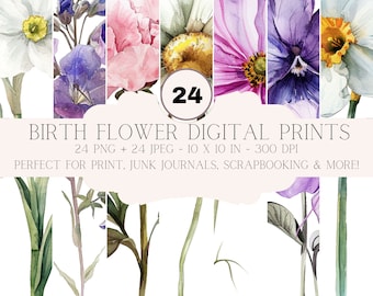 Birth Month Flowers Clipart, Watercolor Floral PNG, Birth Flowers Mother's Day gift, DIY Birth Flower Digital Prints, Watercolor Flowers