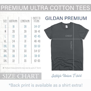 Puede incluir: Tabla de tallas para camisetas Gildan Premium Ultra Cotton. La tabla muestra la talla, el ancho, la longitud y la circunferencia del pecho en pulgadas. La tabla tambi&eacute;n incluye una imagen de una camiseta gris con las palabras "Pecho" y "Longitud" marcadas en ella.