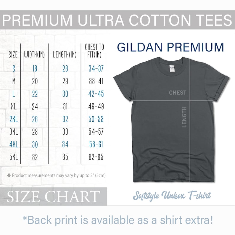Puede incluir: Tabla de tallas para camisetas Gildan Premium Ultra Cotton. La tabla muestra la talla, el ancho, la longitud y la circunferencia del pecho en pulgadas. La tabla tambi&eacute;n incluye una imagen de una camiseta gris con las palabras "Pecho" y "Longitud" marcadas en ella.