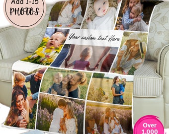 May include: A white fleece blanket featuring a collage of 10 family photos. The photos are arranged in a grid pattern and include images of children, adults, and a baby. The text "Your custom text here" is printed on the blanket.