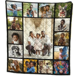 Puede incluir: Una manta acolchada con un borde negro y un collage de 12 fotos de una familia. Las fotos muestran una variedad de personas, incluidos niños, adultos y mascotas. Las fotos están dispuestas en una cuadrícula.