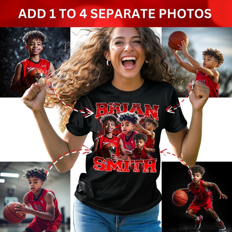 Puede incluir: Una camiseta negra con un dise&ntilde;o de baloncesto rojo que presenta a cuatro ni&ntilde;os jugando al baloncesto. El texto "BRIAN SMITH" est&aacute; impreso en rojo en la camiseta.