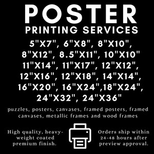 May include: Black and white text on a black background listing poster printing services with various sizes in inches. The text includes "POSTER PRINTING SERVICES" and a list of sizes from 5"x7" to 24"x36".