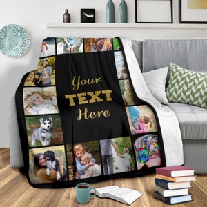 May include: A black and white photo collage blanket with a black center panel that says "Your Text Here" in gold lettering. The blanket features a variety of photos of people and animals.