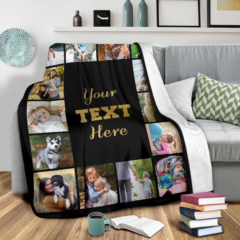 May include: A black and white photo collage blanket with a black center panel that says "Your Text Here" in gold lettering. The blanket features a variety of photos of people and animals.