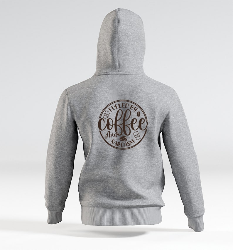 May include: Gray hooded sweatshirt with a brown circle graphic on the back that says "Fueled by coffee and sarcasm".