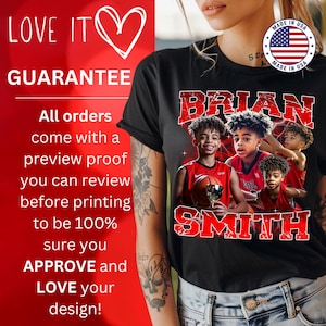 Puede incluir: Camiseta negra con un dise&ntilde;o gr&aacute;fico rojo y blanco que presenta a un jugador de baloncesto con el nombre "BRIAN SMITH" en letras rojas.