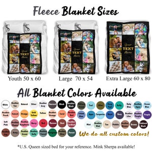 May include: Three fleece blankets in different sizes: youth, large, and extra large. The blankets are black with a collage of photos and the text "Your Text Here". The blankets are shown on a white background with the text "Fleece Blanket Sizes" and a list of available colors.