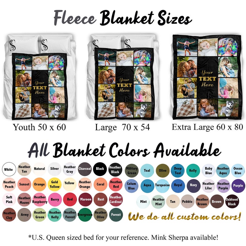 May include: Three fleece blankets in different sizes: youth, large, and extra large. The blankets are black with a collage of photos and the text "Your Text Here". The blankets are shown on a white background with the text "Fleece Blanket Sizes" and a list of available colors.