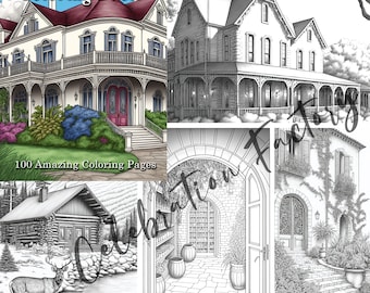 May include: A coloring book titled "Beautiful Homes Coloring Book" with illustrations of various houses. The cover features a colorful Victorian-style home. Other pages show detailed line drawings of homes, including a log cabin and a stone building.