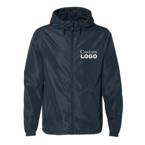 May include: A dark blue hooded jacket with a zipper closure and two pockets. The jacket has the text "Custom LOGO" printed on the front.