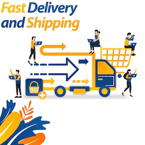 May include: Illustration of a delivery truck with a shopping cart on top, surrounded by people using laptops and smartphones. Arrows point towards the truck, symbolizing fast delivery and shipping.
