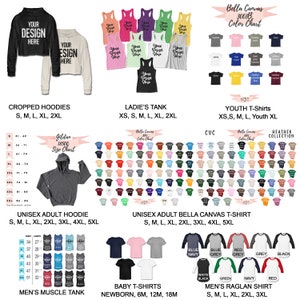 Op de afbeelding: Een kleurenkaart voor Bella Canvas 3001B T-shirts, Gildan 18500 hoodies en jeugd T-shirts. De kaart toont een verscheidenheid aan kleuren voor elk type shirt. De kaart bevat ook maattabellen voor elk type shirt.