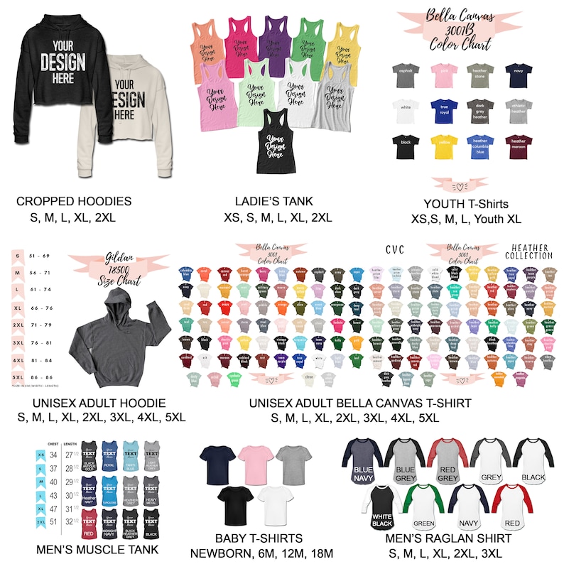Op de afbeelding: Een kleurenkaart voor Bella Canvas 3001B T-shirts, Gildan 18500 hoodies en jeugd T-shirts. De kaart toont een verscheidenheid aan kleuren voor elk type shirt. De kaart bevat ook maattabellen voor elk type shirt.