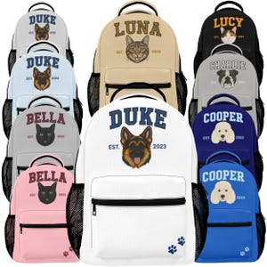 Cartable personnalisé pour animal de compagnie, nom personnalisé de visage de chien ou de chat dans n'importe quelle couleur, année de l'année, sac à dos pour enfants ou étudiants