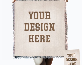 Personalized Photo Woven Cotton Throw Blanket - Made in The USA + Matching Greeting Card Pack, Add Your Own Design, Custom Throw