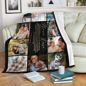 May include: A black and white photo collage blanket featuring a family with a message that reads "Nana Rosa Thank you for being the rock of our family, offering us all of life's lessons, picking us up whenever we feel down, cooking amazing meals & sweet desserts, and always giving a shoulder to lean on during tough times and for being the best Grandma EVER! WE LOVE YOU ALWAYS!"