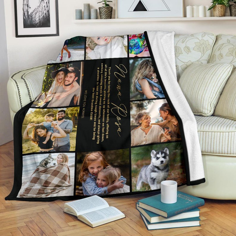 May include: A black and white photo collage blanket featuring a family with a message that reads "Nana Rosa Thank you for being the rock of our family, offering us all of life's lessons, picking us up whenever we feel down, cooking amazing meals & sweet desserts, and always giving a shoulder to lean on during tough times and for being the best Grandma EVER! WE LOVE YOU ALWAYS!"