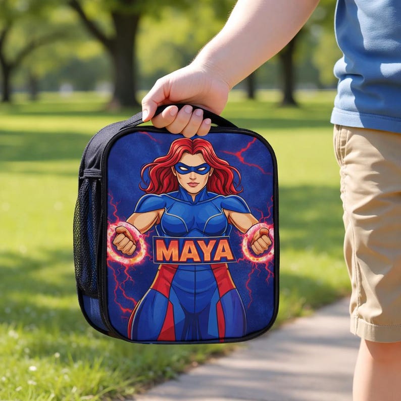 Personalized Superhero Lunch Bag with Name | Custom Insulated Lunch Tote Kids | Back to School Gift Boys Girls