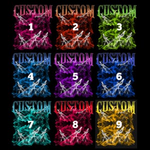 Puede incluir: Nueve cuadrados coloridos con un dise&ntilde;o de rayo blanco y la palabra "CUSTOM" en una fuente roja, blanca y azul. Cada cuadrado est&aacute; numerado del 1 al 9.