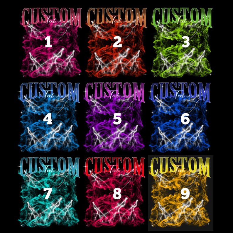 Puede incluir: Nueve cuadrados coloridos con un dise&ntilde;o de rayo blanco y la palabra "CUSTOM" en una fuente roja, blanca y azul. Cada cuadrado est&aacute; numerado del 1 al 9.