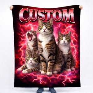 May include: A custom blanket featuring four tabby cats against a red lightning background. The word "CUSTOM" is displayed in a bold, red, and white font at the top. The cats have green eyes and are in various poses.