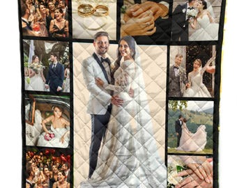 Custom Wedding Quilt Photo Memory Blanket Anniversary Gift for Husband and Wife Personalized Couple Throw Bedspread
