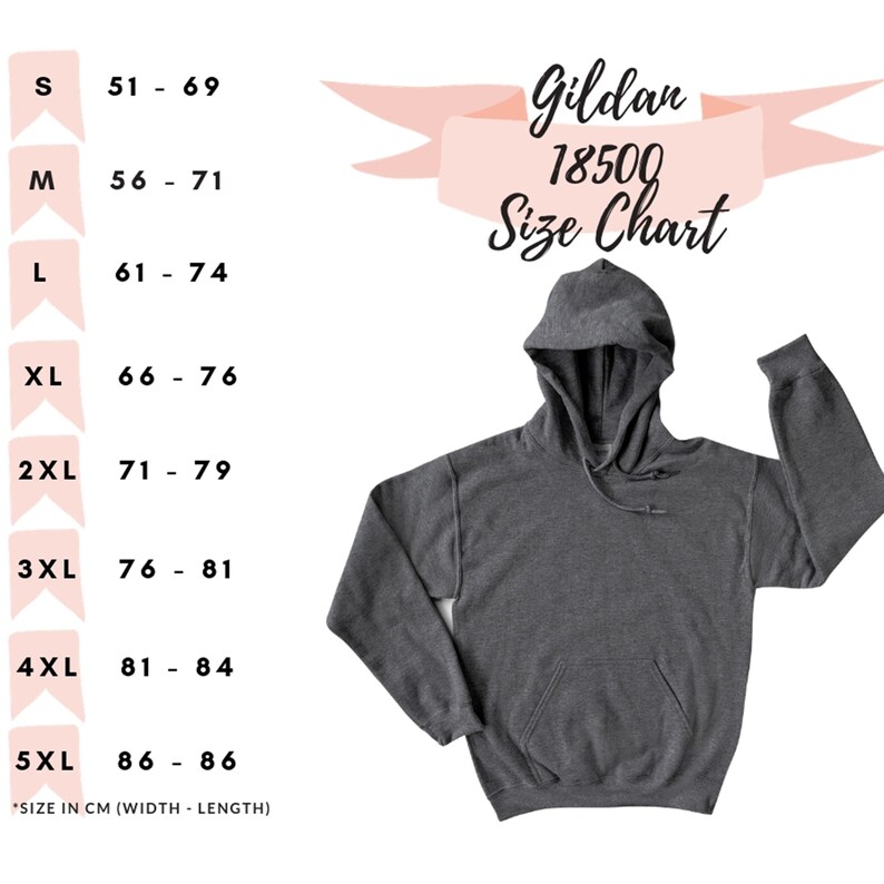 Op de afbeelding: Gildan 18500 Maattabel voor hoodies. De tabel toont de breedte en lengte in centimeters voor maten S tot en met 5XL.