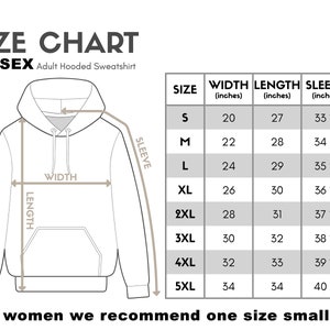 May include: Size chart for a unisex hooded sweatshirt. The chart shows the width, length, and sleeve length in inches for sizes S through 5XL.