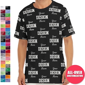 Puede incluir: Una camiseta negra con un estampado blanco en toda la superficie del texto "Your Design Here".