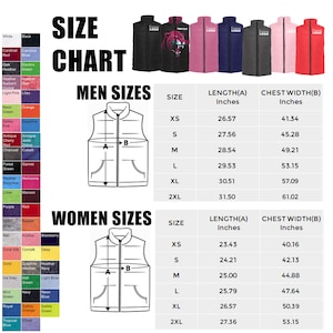 Puede incluir: Tabla de tallas para un chaleco con medidas en pulgadas para hombres y mujeres. La tabla muestra la longitud y el ancho del pecho para las tallas XS, S, M, L, XL y 2XL.
