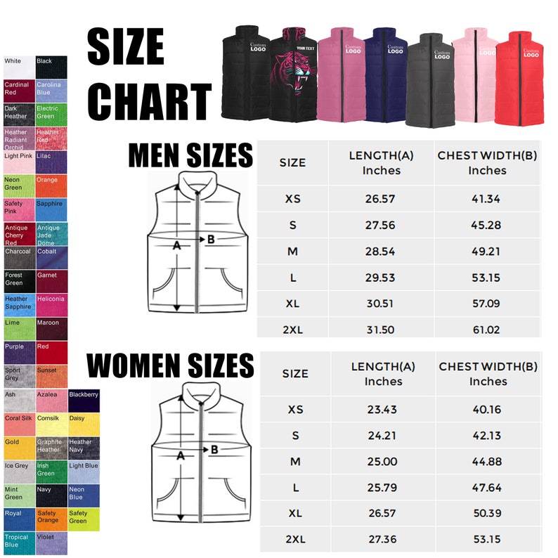 Puede incluir: Tabla de tallas para un chaleco con medidas en pulgadas para hombres y mujeres. La tabla muestra la longitud y el ancho del pecho para las tallas XS, S, M, L, XL y 2XL.