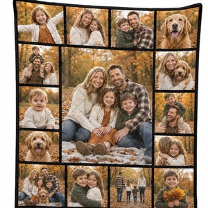 Könnte beinhalten: Eine rechteckige, gesteppte Wohndecke mit einer Collage aus mehreren Familienfotos vor einem herbstlichen Waldhintergrund. Die Bilder zeigen verschiedene ungezwungene Momente einer Familie und ihres goldfarbenen Hundes in einem Park mit Herbstlaub.