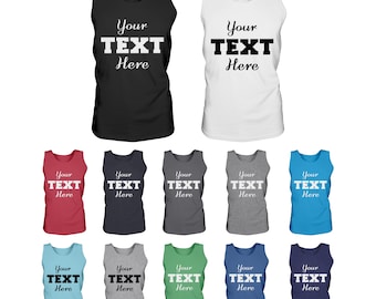 Op de afbeelding: Tien tanktops in verschillende kleuren, waaronder zwart, wit, rood, blauw, grijs en groen. Elk shirt heeft de tekst "Your TEXT Here" op de voorkant gedrukt.