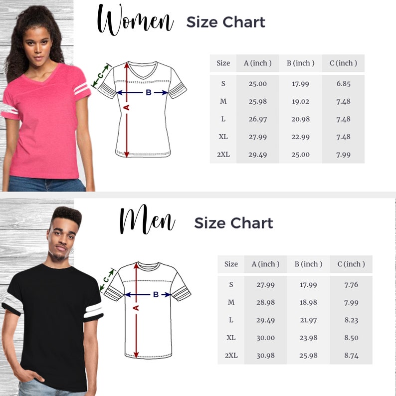 May include: Size chart for t-shirts with measurements in inches. The chart shows the measurements for the length, width, and sleeve length of the shirts. The chart is divided into two sections: women's and men's.