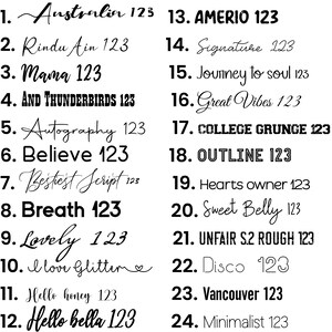May include: A list of 24 different font styles with the text "123" next to each style. The font styles include cursive, script, bold, and block letters.
