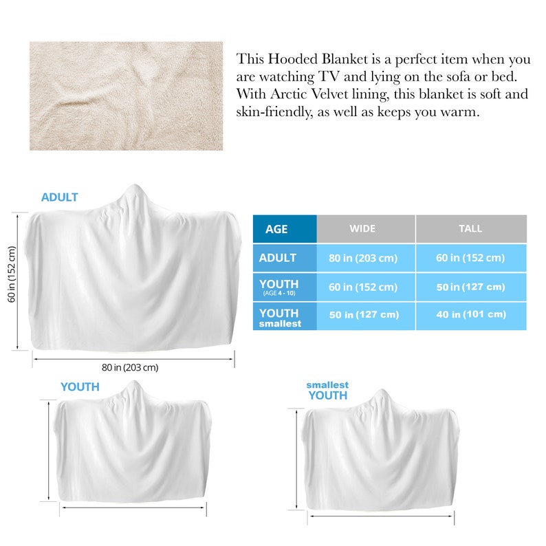 K&ouml;nnte beinhalten: Wei&szlig;er Kapuzen-Decke mit Gr&ouml;&szlig;enangaben f&uuml;r Erwachsene, Jugendliche und die kleinsten Jugendlichen. Die Erwachsenengr&ouml;&szlig;e ist 203 cm breit und 152 cm hoch. Die Decke hat ein Arctic Velvet-Futter und ist hautfreundlich.