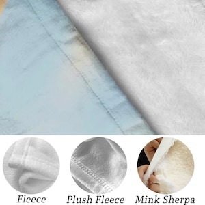May include: Close-up of three different fabric textures: a soft, white fleece, a plush, gray fleece, and a fluffy, white mink sherpa. The fabrics are labeled "Fleece", "Plush Fleece", and "Mink Sherpa".
