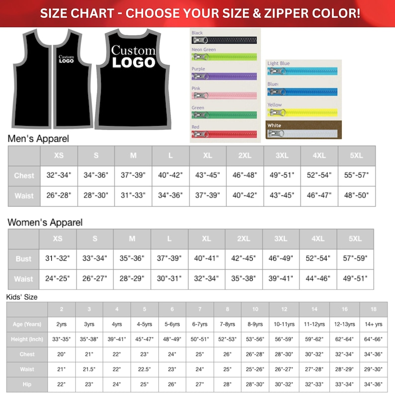 Puede incluir: Tabla de tallas para ropa de hombre, mujer y ni&ntilde;o. La tabla muestra las medidas de pecho, cintura, busto y cadera en pulgadas. La tabla tambi&eacute;n incluye una tabla de colores para las opciones de cremallera.